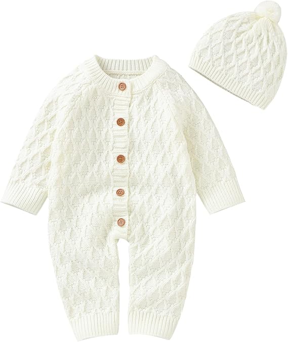 Hadetoto Newborn Baby Sweater Romper Knit Long Sleeve Jumpsuit | Warm Hat Included, For Infant Boy Girl