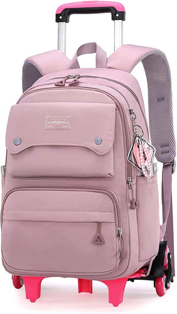Solid Color Girls Rolling Backpack with Wheels Schoolbag Elementary School Student Trolley Daypack