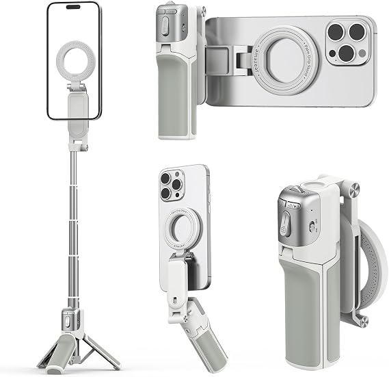 AMAZEAR Phone Camera Grip with Selfie Stick Tripod, Cellphone Accessories with Detachable Wireless Shutter Button for iPhone 16 17 Pro Max, Comfort Ergonomic Smartphone Handle Holder, White