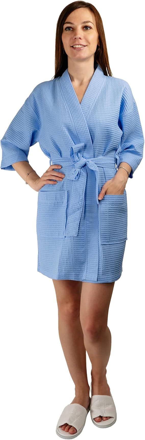 FTB Classic Waffle Bridesmaids Kimono Robe for Women Thigh Length (Light Blue, Large)