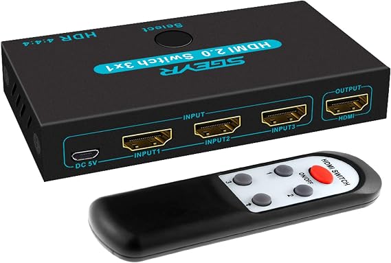 SGEYR HDMI 2.0 Switch Splitter 3 Port 4K HDMI Switcher 3 in 1 Out HDMI Switches Selector Box with IR Remote IR Remote Control Support HDCP 2.2 Support 4K@60Hz Ultra HD 3D 2160P 1080P