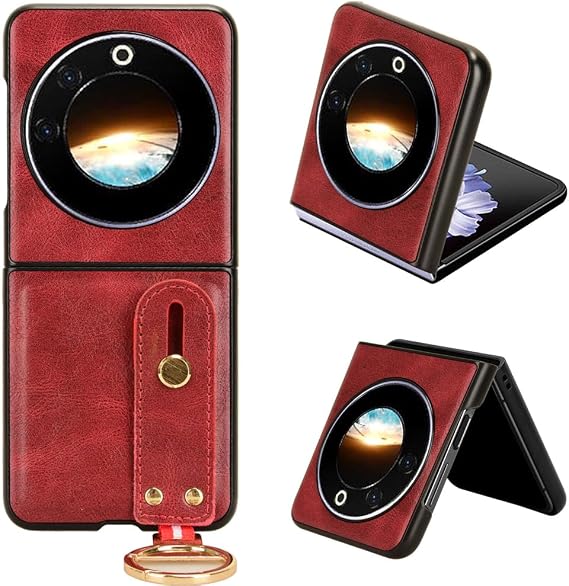 Compatible with Tecno Phantom V Flip 5G AD11 Case Cover,【PU Leather + Shell】 2 in 1 Wrist Strap Kickstand Red