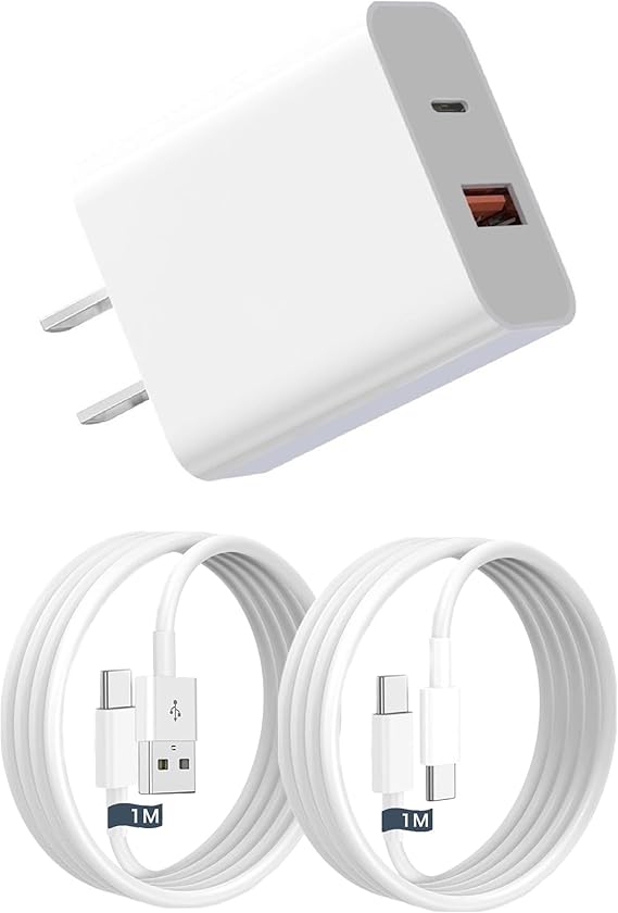 Type c Charger, USB Type-C Charger, Supports PD20W Fast Charging, USB-A & Type-C Wall Mount Power Adapter, Equipped with 2 Ports, iPhone 17air/pro max/16/15/14/13/SE3, iPad, Android/Tablet A White 1m1m, 20w