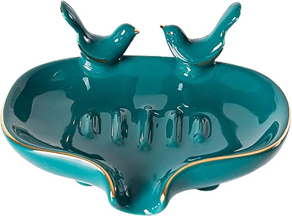 Self-Draining Soap Dish Green Ceramic Soap Holder with Birds Nordic Style Tabletop Drainable Soap Box Container for Bathroom Shower