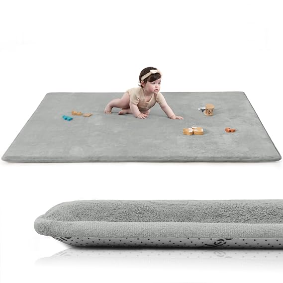 Huloo Sleep Baby Play Mat for Floor,1.3" Thick Elasti-Foam 50"74" Playpen Mat for Tummy Time,Water Repellent Soft Coral Velvet for Toddler,Infant,Kids,Non-Slip Backing Safe for Crawling(Light Grey)