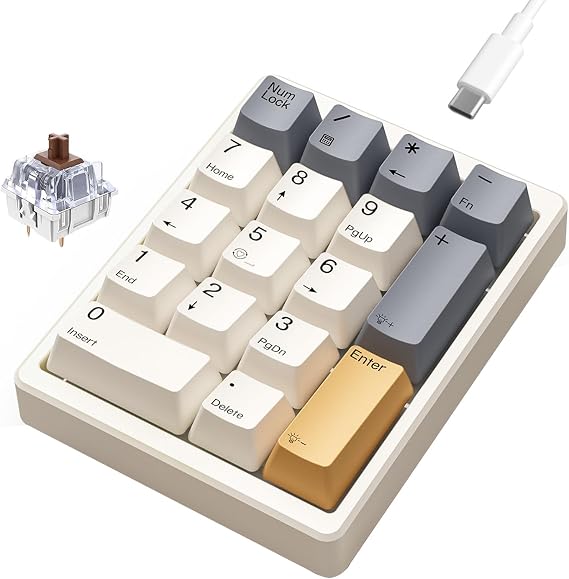 Kisnt Mechanical Number Pad,Hot Swappable Numpad Wired USB 17 Keys Keypad White Backlit Numeric Keypad with PBT Keycaps for Laptop PC Compact Keyboards (Retro Beige, Brown Switch)