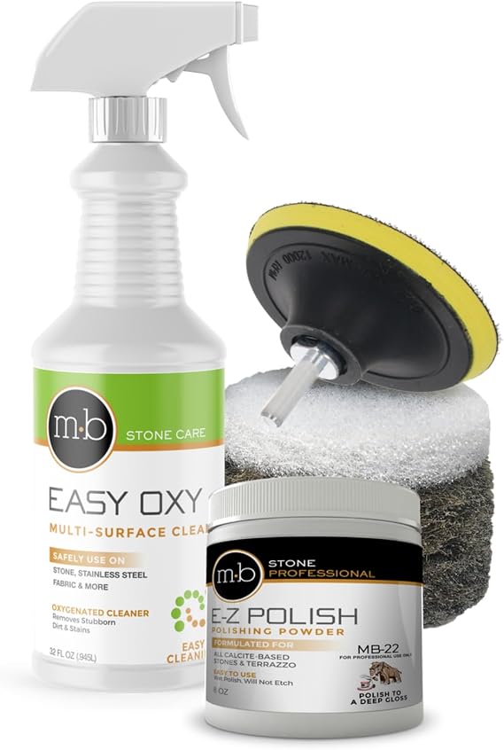 MB Stone Care MB-22 Marble Polish and Countertop Polishing Kit - Cleaner and Polish Powder for Calcite based stones Marble, Limestone, Travertine and Terrazzo - Countertop Restorer with Drill Pad