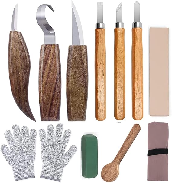 Wood carving tool kit for professionals and beginners. Includes chisel + hook knife set. Suitable for carving straight lines, curves, and irregular patterns, work smoothly from rough to finish. Blade