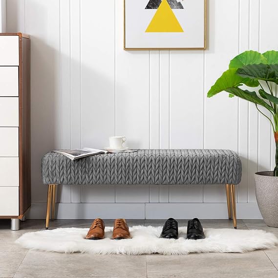 DUHOME Quilted Velvet Ottoman Bench, Gold Leg End of Bed Bedroom Stool Grey