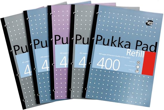 Pukka Pad A4 Refill Notepad – 5 Pack of Notebooks with 400 Pages of 80GSM Paper, 4-Hole Punch Margins, and Feint Ruled Lines – 29.7 x 21cm,Blue,White,Pink,Silver