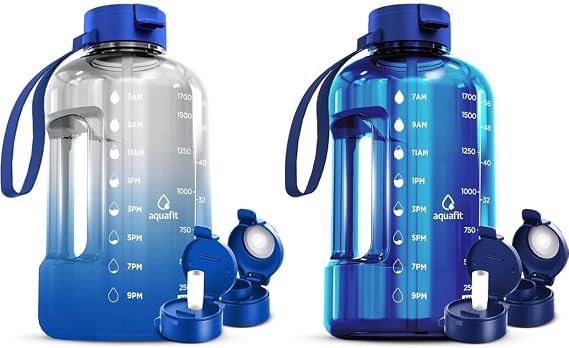 AQUAFIT 2 Pack - 2 x Half Gallon Water Bottle With Time Marker - Big Water Bottle With Straw - BPA Free Gym Water Bottle With Handle - 64 oz Water Bottles