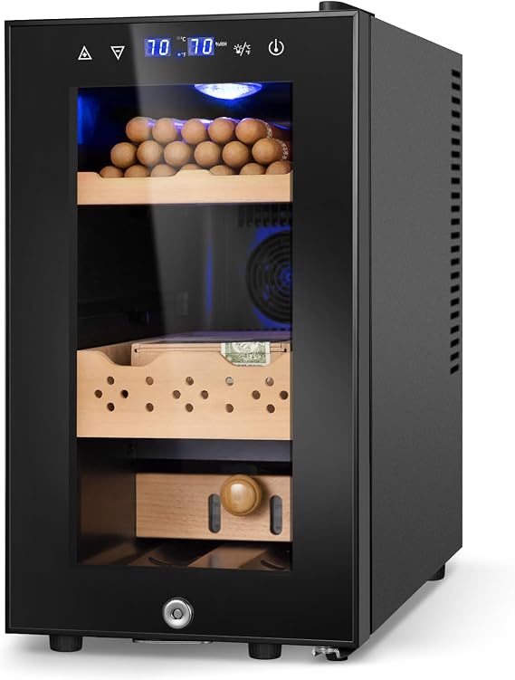 Electric Cigar Humidor Cabinet, 25L Cooler with Temperature and Humidity Control, Spanish Cedar Wood Shelves and Safety Lock (170 Counts Capacity)