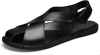 Mens Genuine Leather Hook Loop Fisherman Sandals Hollow Out Breathable Lightweight Slip On Closed Toe Summer Casual Flat Sandals for Driving Walking Beach Shoes