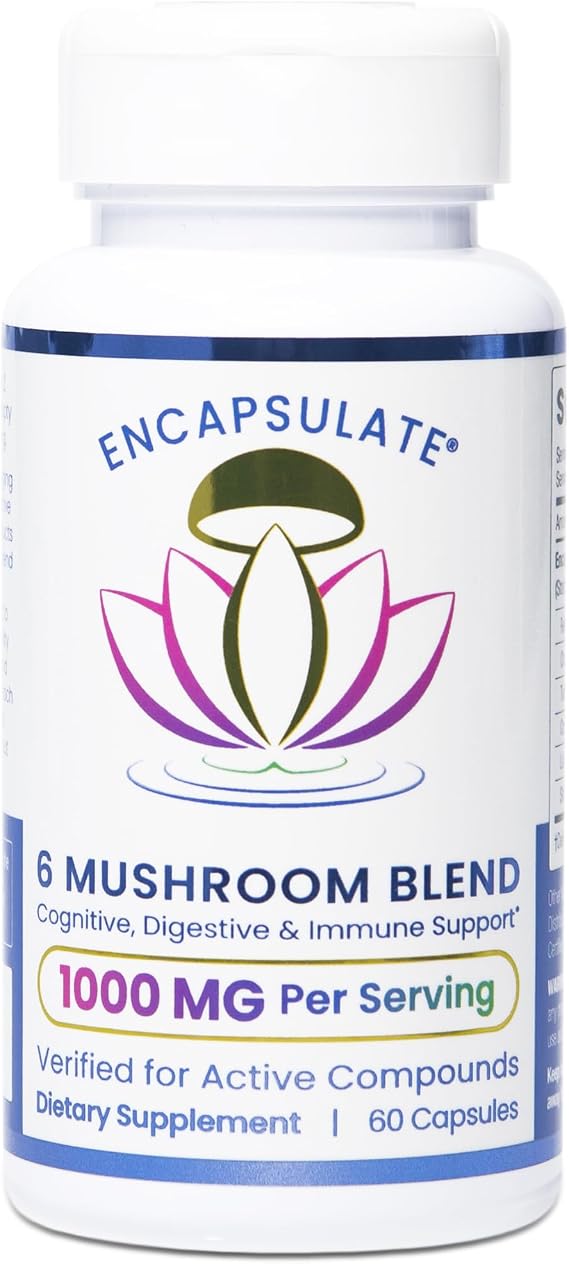 ENCAPSULATE 6 Mushroom Blend 1000mg Reishi, Chaga, Turkey Tail, Cordyceps, Lions Mane & Shiitake 1:1 Mushroom Extract Adaptogen Mushroom Supplement for Gut, Brain & Immune Support - 60 Capsules