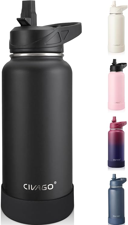 CIVAGO Insulated Stainless Steel Water Bottle with Straw, 950ml Metal Sports Drink Bottle with Handle, Large Travel Thermal Flask Cup for Gym and Hiking, Black