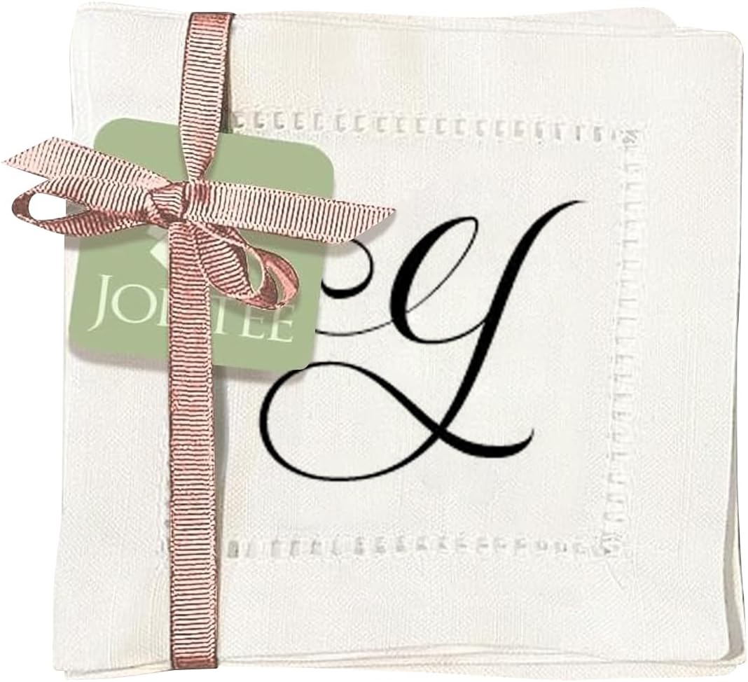 Jolitee Decorative Hemstitch Cocktail Napkins with Printed Initials Y – 6"x6" Linen-Like Washable Fabric – Handmade Cloth Napkins for Entertaining, Parties, and Everyday Use