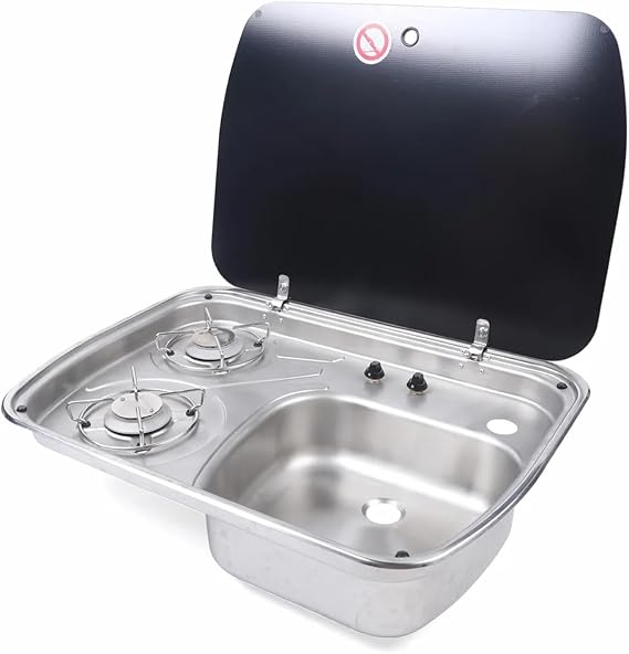 Boat Caravan Camper 2 Burner Gas Stove Hob and Sink Combo With Tempered Glass Lid Stainless Steel Hand Wash Basin RV Kitchen for Campervan