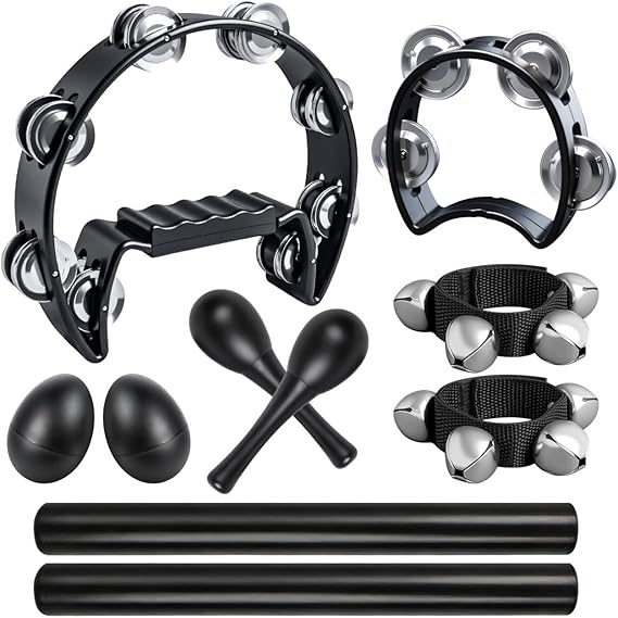 10Pcs Black Tamborines Musical Instrument Adults, Kids Music Percussion Set