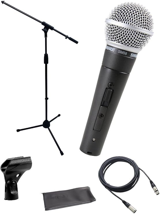 Shure SM58-S Microphone Bundle with on/off Switch, clip and pouch, MIC Boom Stand and XLR Cable