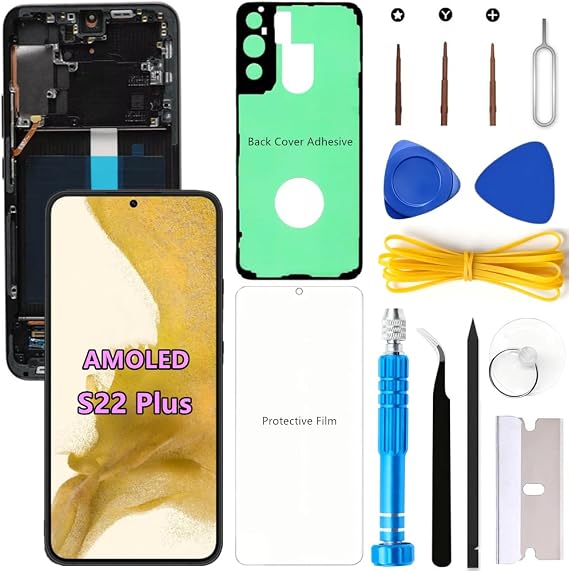 AMOLED Screen Replacement for Samsung Galaxy S22 Plus 5G for Samsung S22Plus SM-S906U SM-S906U1 LCD Display Digitizer Touch Assembly Support Fingerprint (Black Frame+Protector+Adhesive+Tools)