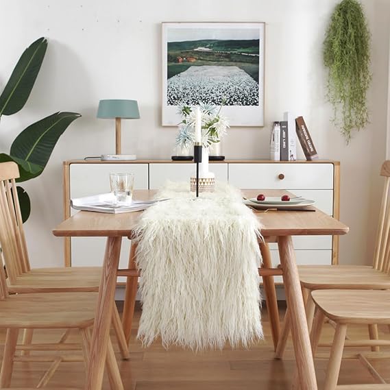 Faux Mongolian Fur Long Plush Table Runner Decorative Luxury Modern Dining Coffee Acrylic Rectangular Table Cloth for Living Room Home (Beige,12x94inch)