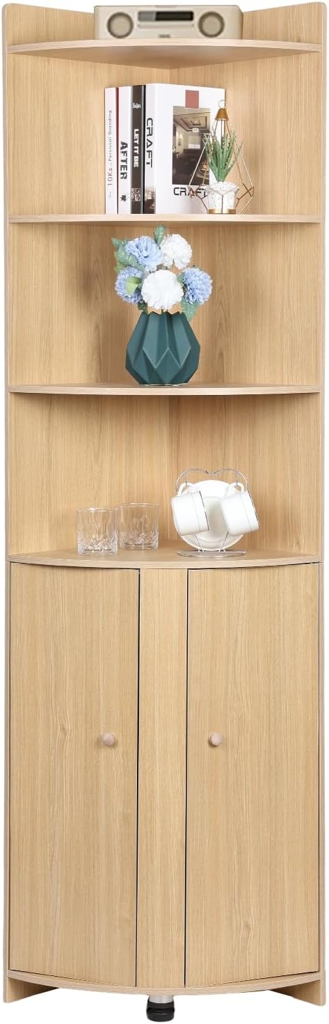 Tall Corner Cabinet, Farmhouse Storage Cabinet with Barn Door Design & Open Shelves, Corner Bookcase, Home Space Saver for Bathroom, Living Room Laundry Room Wooden Color