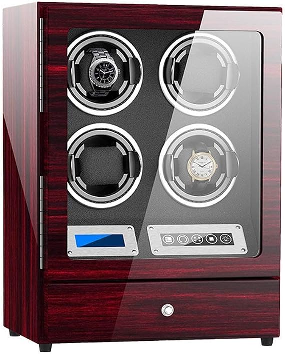 Automatic Watch Winder Box 4 with Storage Drawer with Touch Display Screen Adjustable Watch Pillows Dual Power Supply Happy Life (Red)