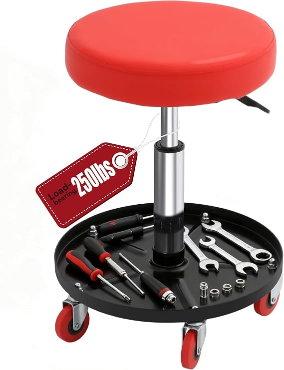 Mechanic Stool, Adjustable Height Rolling Workshop Stool 250lbs Capacity, Garage Shop Stool with 5 Swivel Casters, Waterproof Padded Seat & Tool Tray for Automotive Repair, Home DIY, Workshop Use
