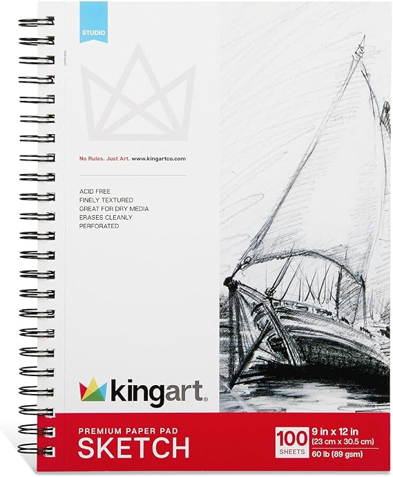 KINGART Sketch Pad 9x12 Inch, 1-Pack Perforated Side Spiral-Bound Smooth Texture Acid-Free Paper Pad for Drawing and Fine Line Detail Work