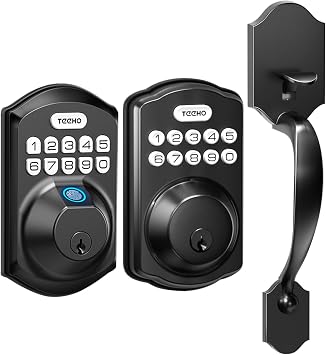 TEEHO Fingerprint Keyless Entry Door Lock - Electronic Keypad Deadbolt with Handle Set - Front Door Handles - Heavy Duty - Door Lock with Code - Easy Installation - Matte Black