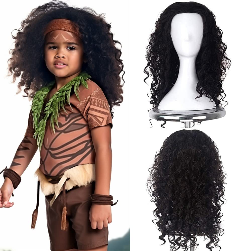 JOMICO Boy Cosplay Wigs for Kids Medium Long Curly Natural Black Synthetic Wig