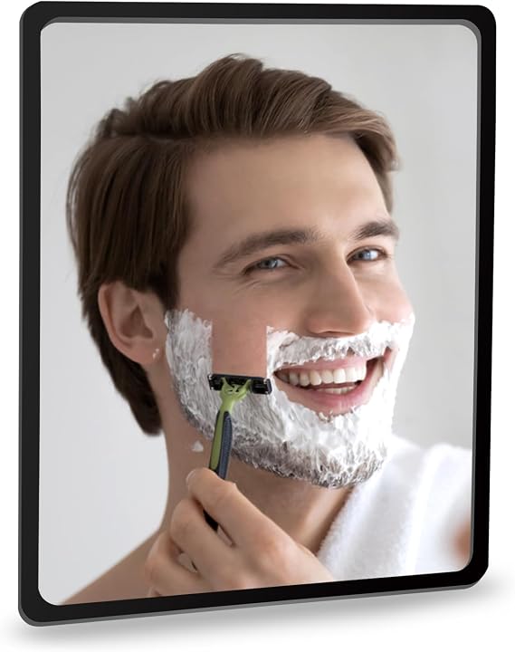 Fog Free Shower Mirror (9 * 7 inch) 3M Adhesive Anti-Fog Bathroom Wall Mirror, Fogless Shower Makeup Mirror for Shaving, Shatterproof Glassless Child Safe Mirror (Rectangular Black Frame)