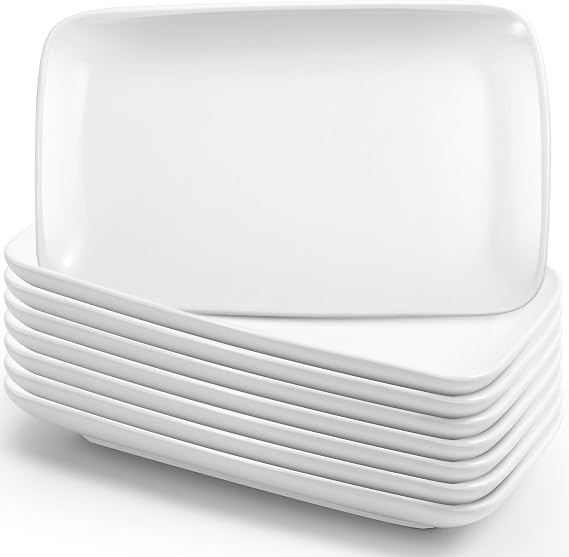 Set of 8 Rectangular Porcelain Plates, Serving Plates, White