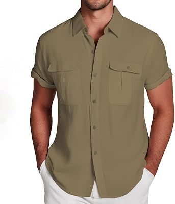 Shirts for Men Short Sleeve Button Down Shirts Cotton Linen Casual Shirt Fashion Lightweight Tops Thin Pocket Top