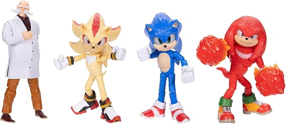 Sonic 3 Movie 5-Inch Action Figures 4-Pack, Includes Sonic, Super Shadow, Knuckles, and Gerald Robotnik, Articulated Figures from Jakks Pacific's Wave 3, Officially Licensed by SEGA