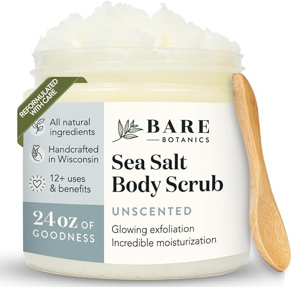 Bare Botanics 24oz Unscented Sea Salt Body Scrub Natural Exfoliator