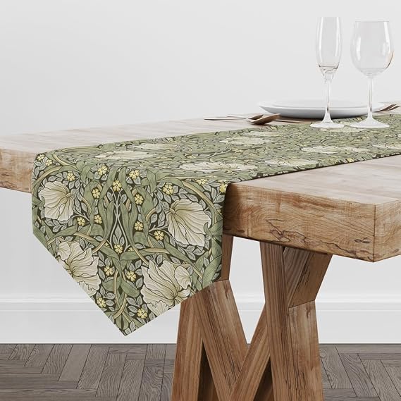 William Morris ヴィンテージフローラルテーブルランナー、ボタニカルセージグリーンイエロー長方形ランナー、ビンテージシックなテーブルランナー、ホリデーパーティー、結婚式、屋内屋外ダイニングテーブル装飾用、13インチx72インチ