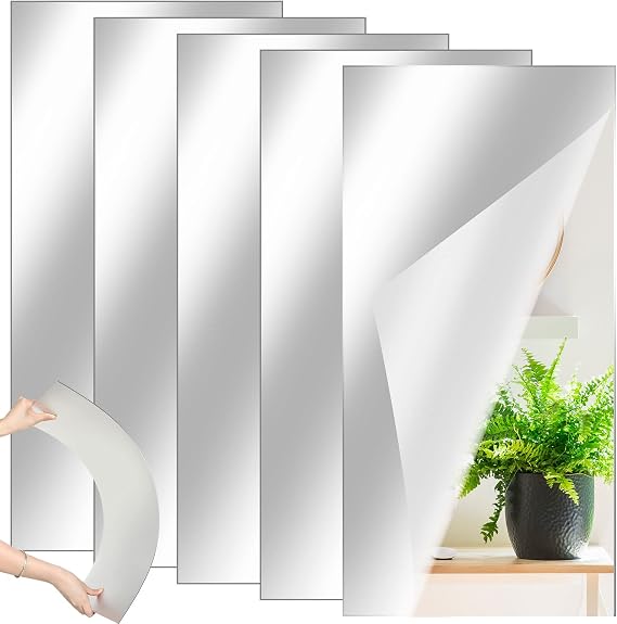 Queekay 5 Pcs Mirror Tiles 12" X 24", 2mm Acrylic Self Adhesive Sheets | Stick on Mirror for Gym Workout, Frameless Wall Mounted Design, Shatterproof Acrylic for Bedroom Ceiling Decor
