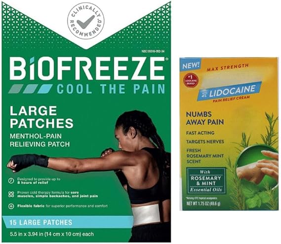 Biofreeze Large Menthol Pain Relif Patch Cooling Therapy for Back Shoulder Joint Pain Flexible Fabric Muscle Recovery Patch Long Lasting Comfort 15 Count +1 Travel Size Max Strength Pain Relief Cream