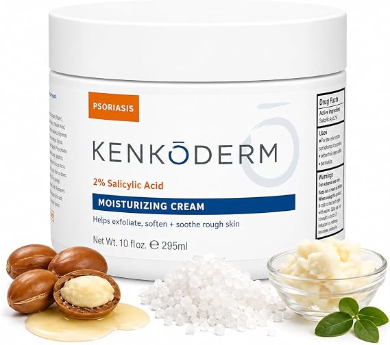 Kenkoderm Psoriasis Cream - Natural Moisturizing Face & Body Lotion with 2 Percent Salicylic Acid - Renewing Topical Formula for Dry & Sensitive Skin, Fragrance & Color Free, 10 oz., 1 Jar