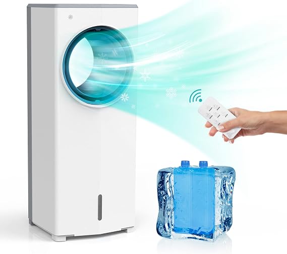 Evaporative Air Cooler, Bladeless Tower Fan & Humidifier with 3 Modes, Portable Swamp Fan with Oscillation, 3 Speeds, 1 Gallon Water Tank, Remote Control, Timer, for Home Indoor