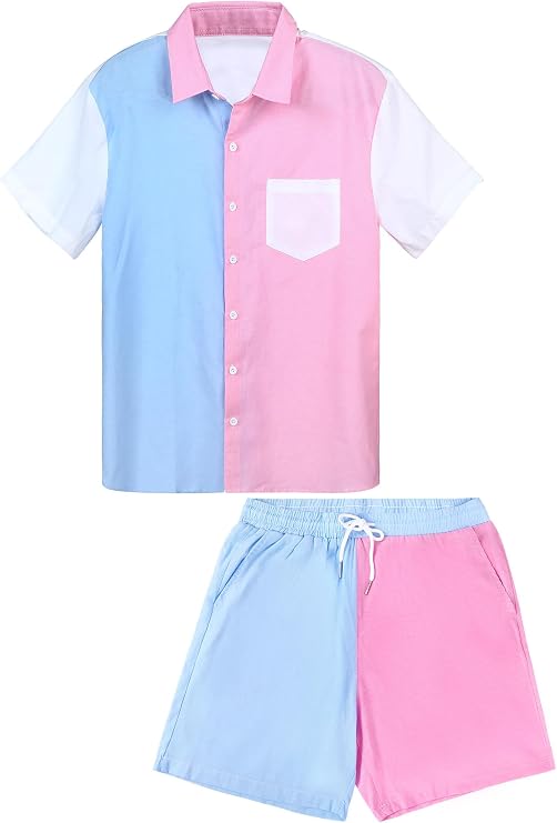 Haull Shirt Tops and Colorblock Shorts Set Gender Reveal Outfit Mens Gender Reveal Shirt Pink and Blue Button Down Shirt Men