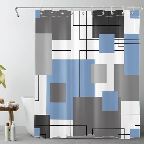 LB Grey and White Striped Geometric Shower Curtain Decor, Abstract Mid Century Black Blue Shower Curtains for Bathroom 60X72 inch Polyester Fabric Bathroom Decoration Bath Curtains Hooks Included