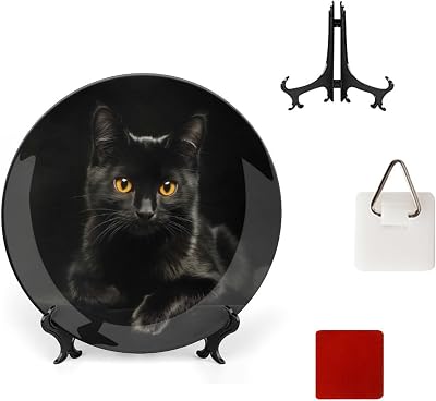 Black Cat Bone China Decorative Plate Ceramic Decorative Plate for Home Office Wall Decor, with Vertical Stand Decorative Plates for Home Club