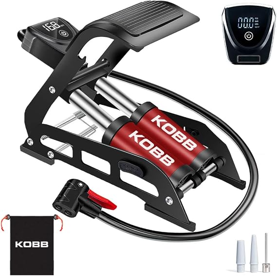 KOBB KB5402D Double Piston Touch Digital Pressure Gauge Foot Pump and Carrying Case, Red/Black