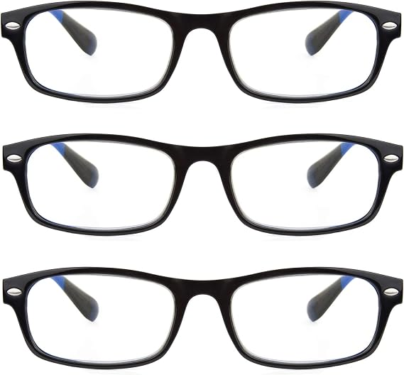 3 Pack Rectangular Plastic Frame Blue Light Blocking and Anti UV Reading glasses