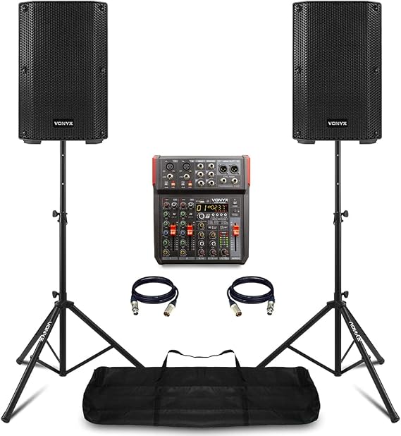 VONYX VSA08BT Active PA System for Singers - 500W Vocalist Sound System for Singing, Dual 8" Speakers, 6-Channel Mixer, Bluetooth, DSP Effects, USB Interface, Stands & Cables