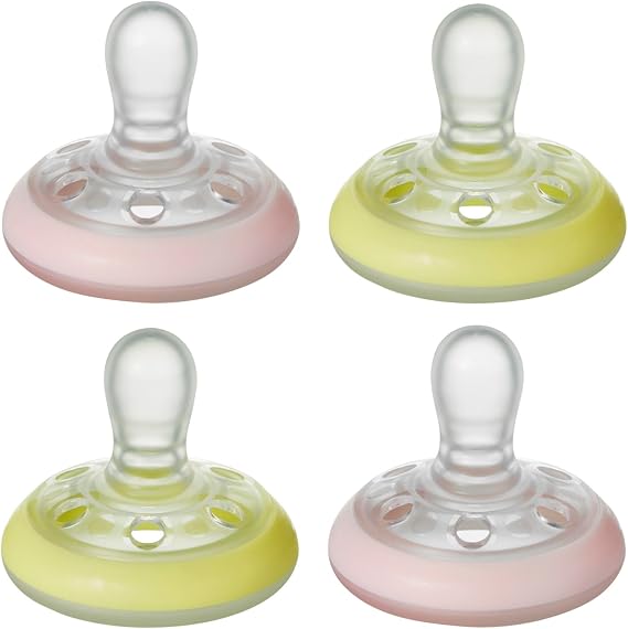Tommee Tippee Night Breast Shape Pacifier, Skin Like Texture, Symmetrical Anatomical Design, 0-6 Months, Set of 4