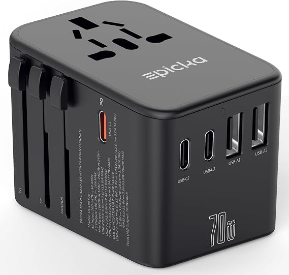 Epicka 70W GaN PD Universal Travel Adapter, 3USB-C/2USB-A