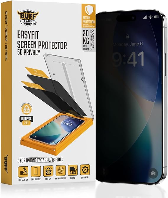 BUFF LABS 5D Privacy EasyFit 2 Adet Kolay Uygulama Aparatlı Ekran Koruyucu Temperli Hayalet Ekran Cam (iPhone 17 / iPhone 17 Pro / iPhone16 Pro)